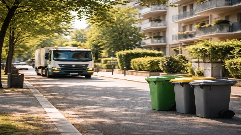 Bacs roulants et camion de collecte dans une rue résidentielle