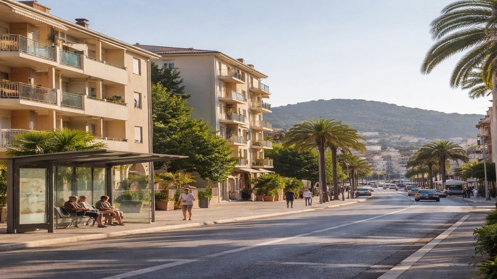 Avenue résidentielle méditerranéenne avec immeubles, palmiers et abribus